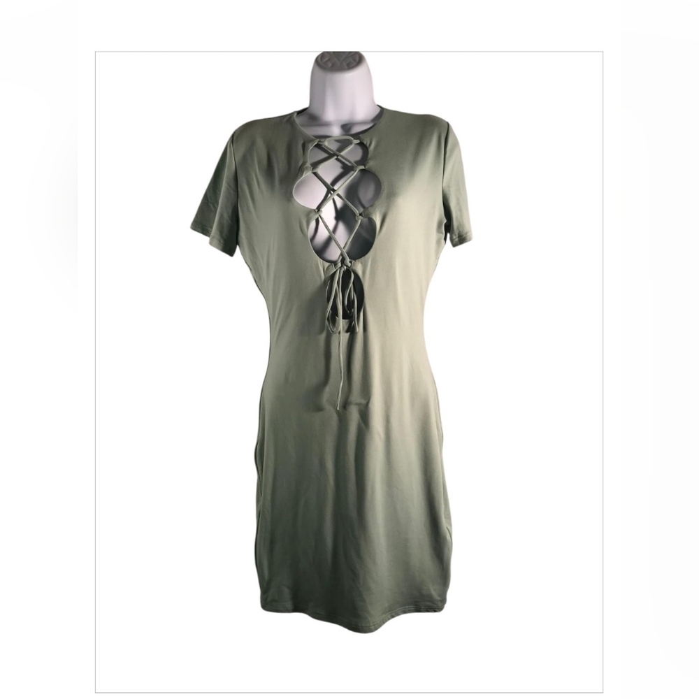 TRESSER Women's Elegant Green Lace-Up Dress Zize M 96%polister 4%spandex